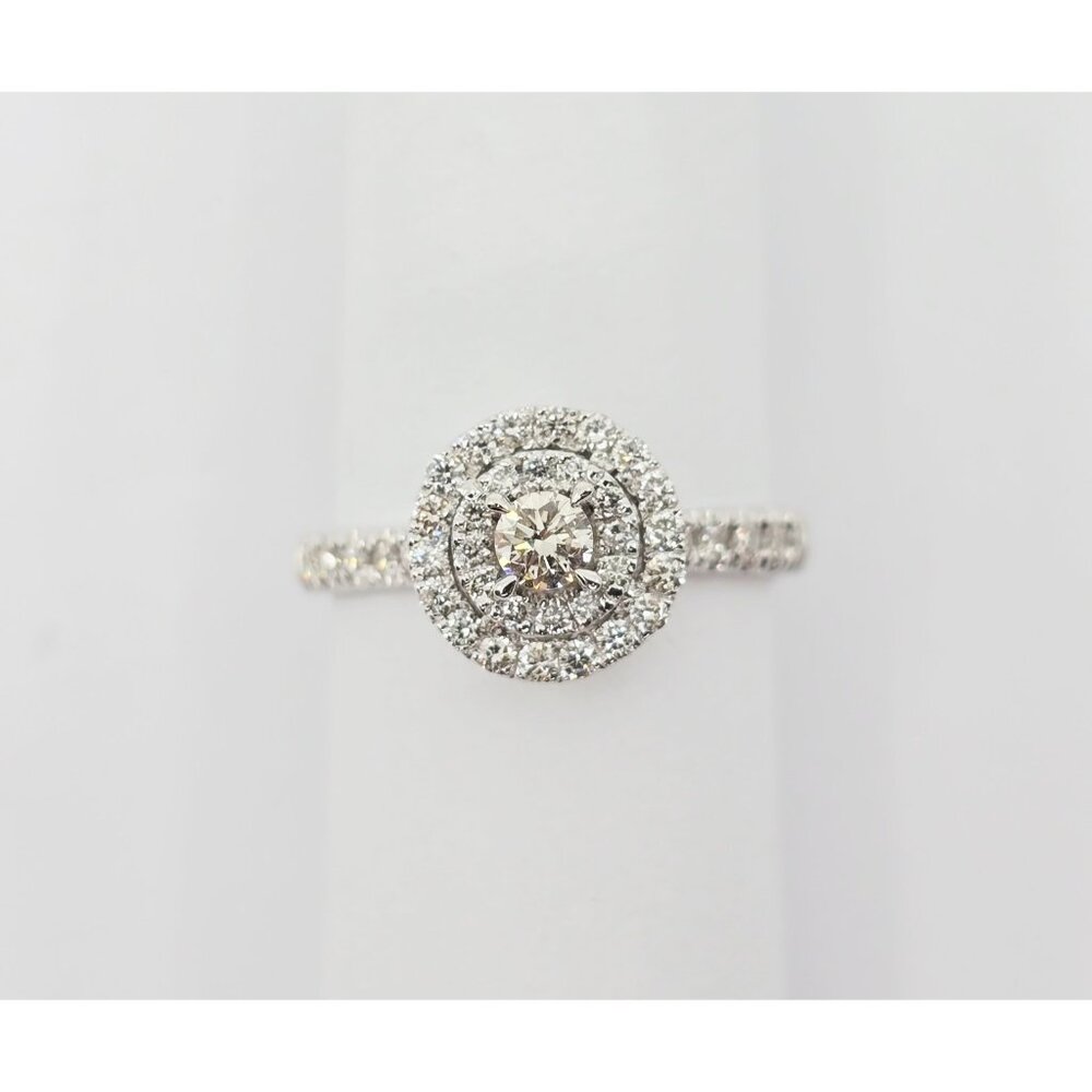 Unique 14K White Gold 0.64 tcw Round Cut Diamond Double Halo Engagement Ring
